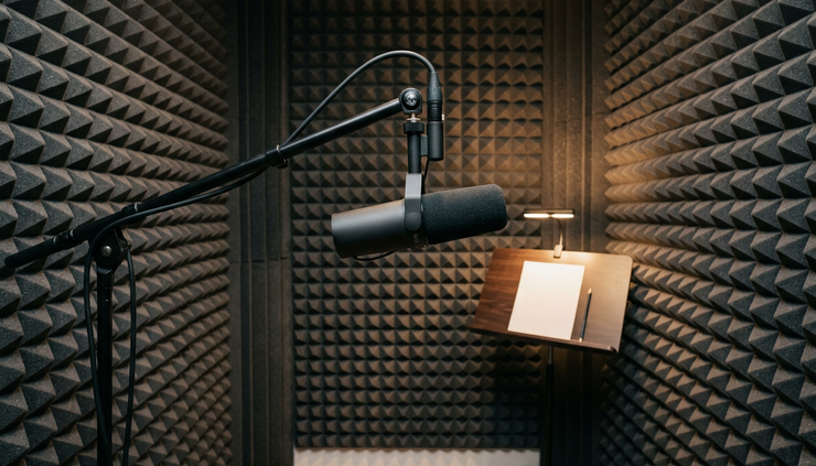 Eye-level view of a microphone inside a small soundproof recording booth.