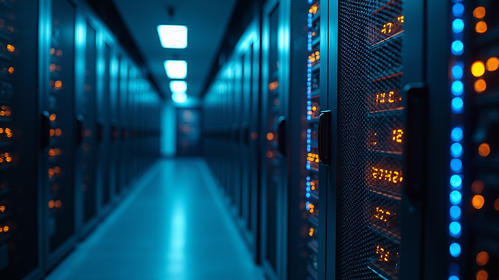 Eye-level view of a server room with glowing AI hardware