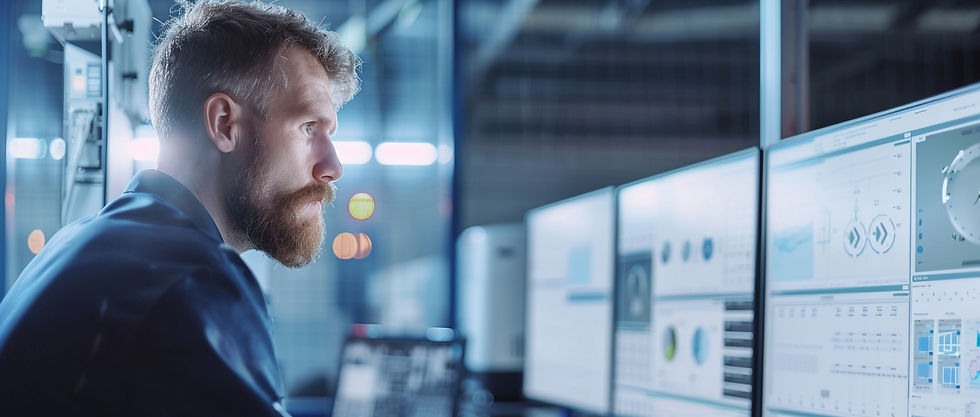 A man intently monitors multiple screens displaying data and graphs in a control room. Blue tones dominate the futuristic setting.