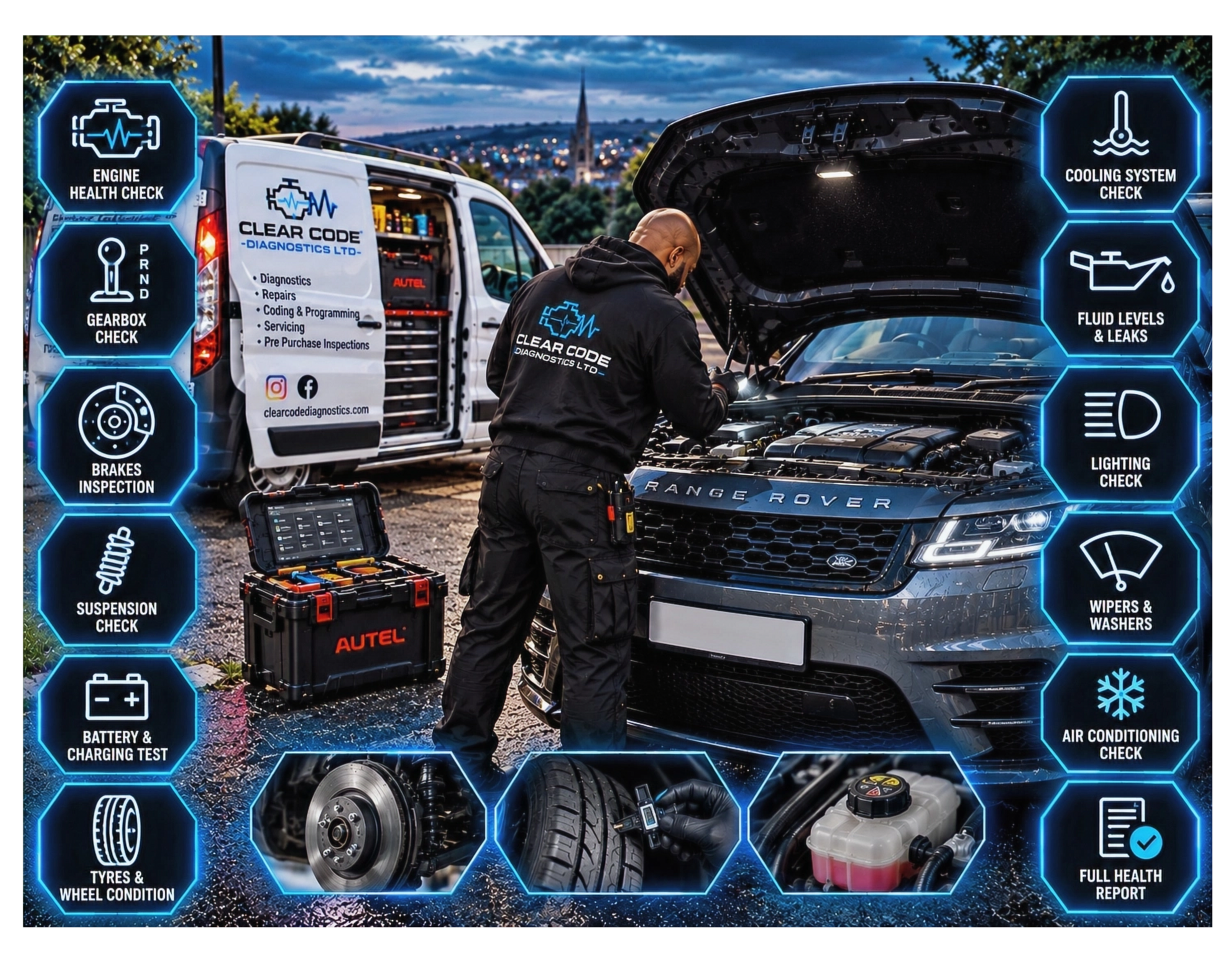 Vehicle health check in Sheffield including brakes, tyres, battery, fluids, suspension and diagnostic checks