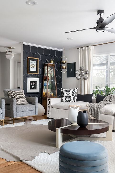 Bold Neutral Living Room with Bar Cabinet 26th&Oregon, LLC