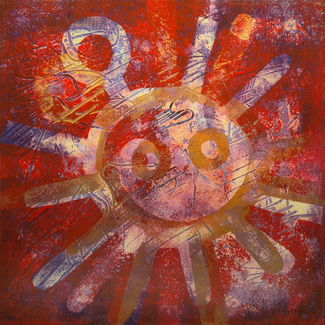 Abstract painting
Multiple color layers 
Multiple Calligraphic layers (Asemic writing)
Multiple texture layers