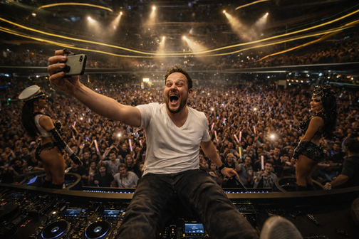 Nashville nightclub DJ performing behind elevated DJ booth with colorful lighting and a packed dance floor