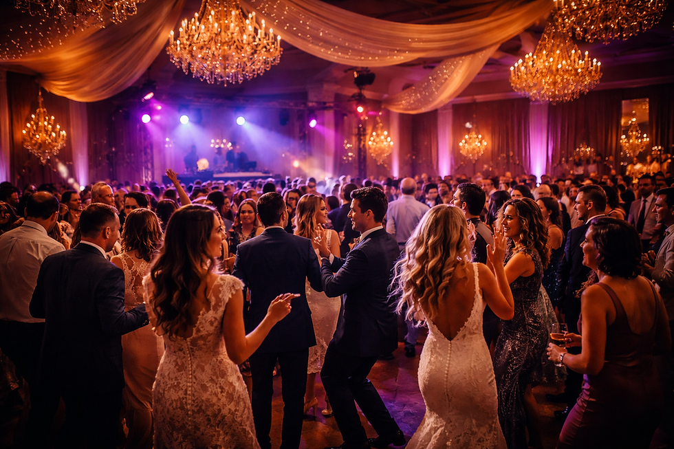 Bride and groom dancing with wedding guests on packed dance floor at Nashville reception with purple uplighting