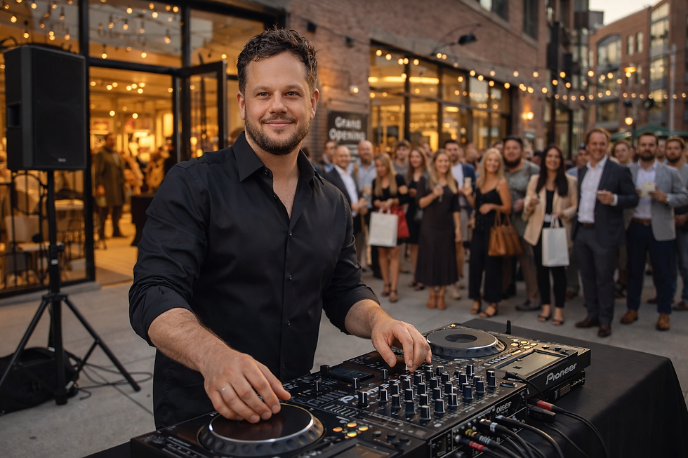 DJ performing at a Nashville retail store grand opening event with professional sound equipment