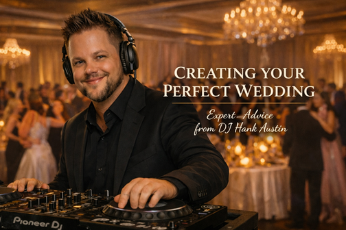DJ Hank Austin performing at an elegant Nashville wedding reception with guests dancing behind Pioneer DJ equipment and golden uplighting