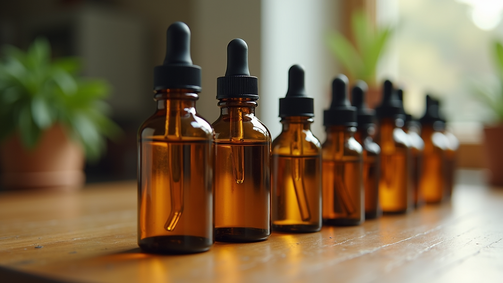 Close-up view of a variety of essential oil bottles on a wooden surface