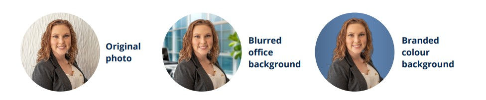 Three alternate headshots showing different backgrounds (original photo, a blurred office background, and a branded colour background).