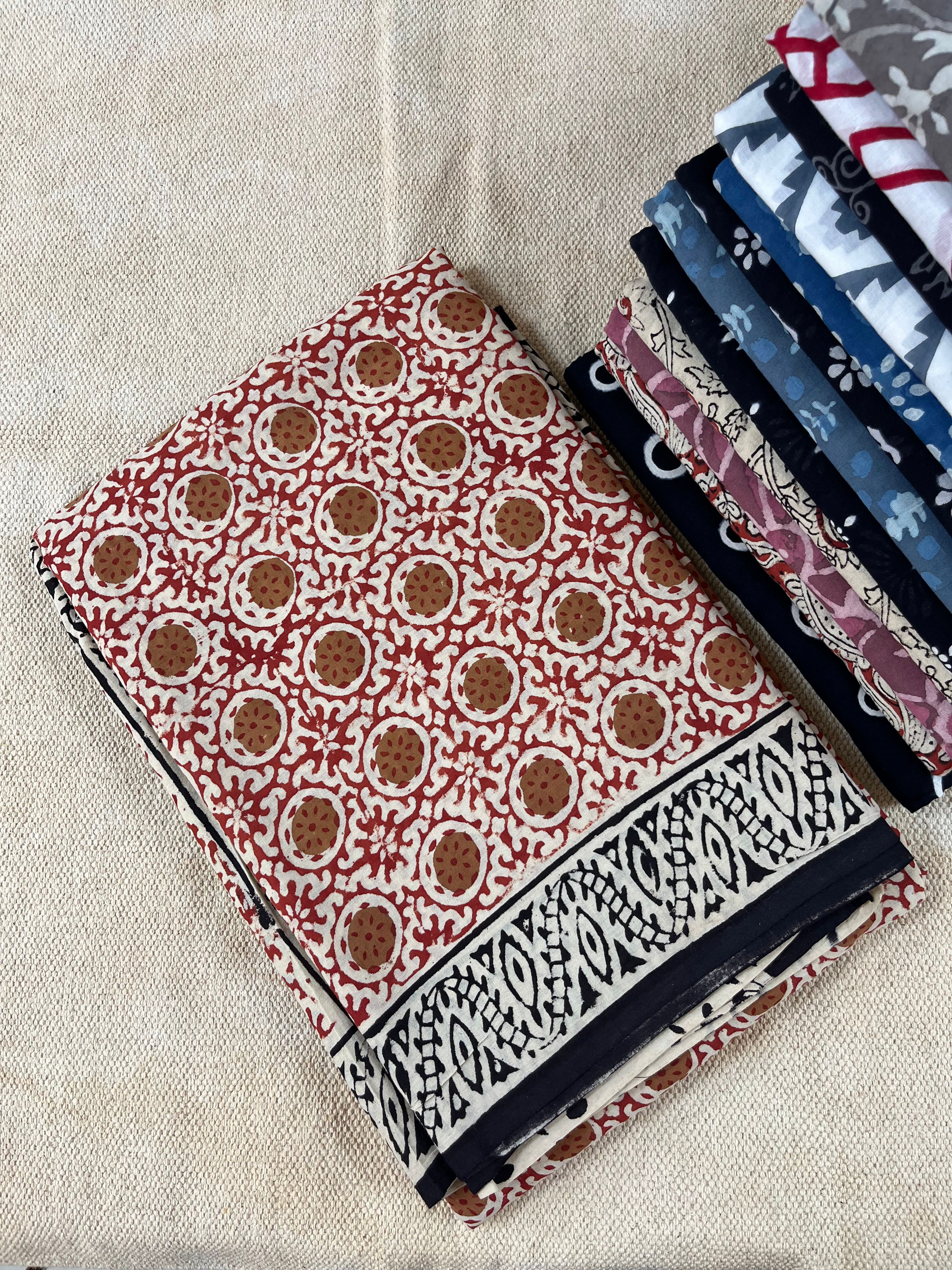 Brown Cream Mull Cotton Hand Block Print Saree