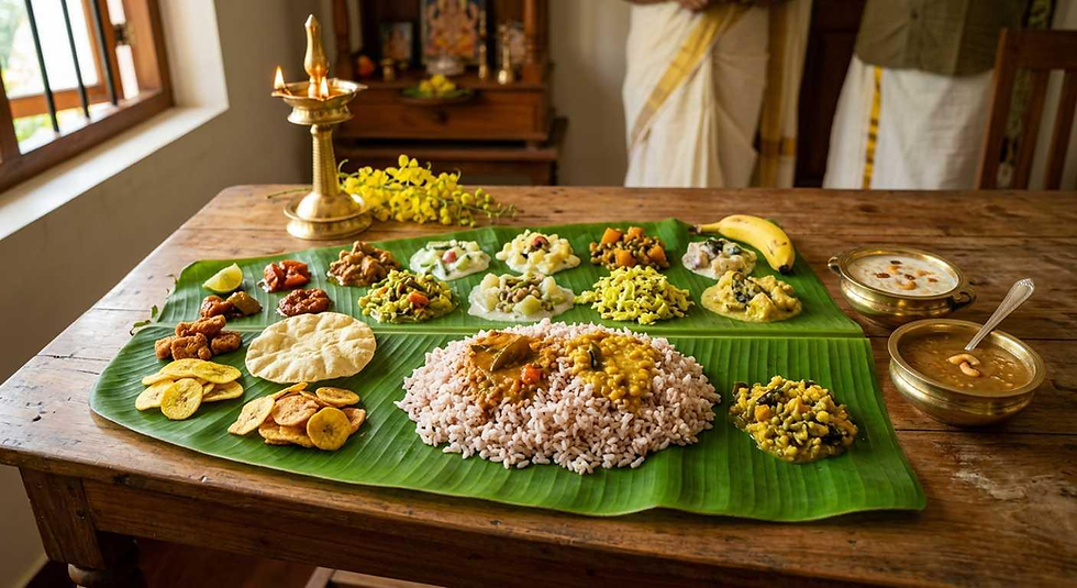 Traditional Kerala Vishu Sadya served on banana leaf with rice, sambar, avial, thoran, papadam, banana chips and payasam – Pickeasy.