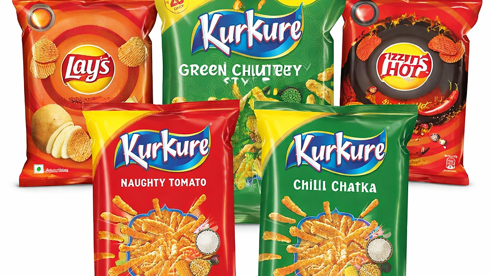 Collage of Kurkure Naughty Tomato, Kurkure Green Chutney Style, Kurkure Chilli Chatka, and Lays chips displayed on a white background, available at PickEasy UK for Indian snacks online.