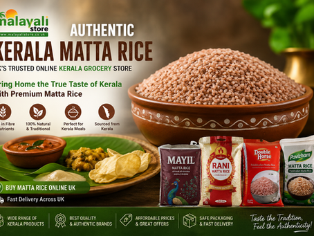 Authentic Kerala Matta Rice promotional banner featuring a bowl of red parboiled Matta rice, traditional Kerala meal setup, and branded rice packets, highlighting Malayali Store UK’s premium Kerala Matta Rice with rich fibre and natural ingredients for fast online delivery across the UK.