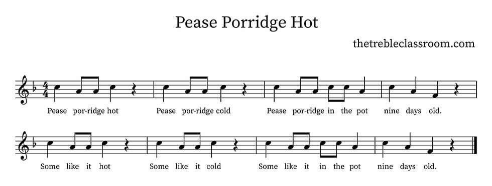 Sheet music notation for Pease Porridge Hot, a song for practicing do and quarter rest.