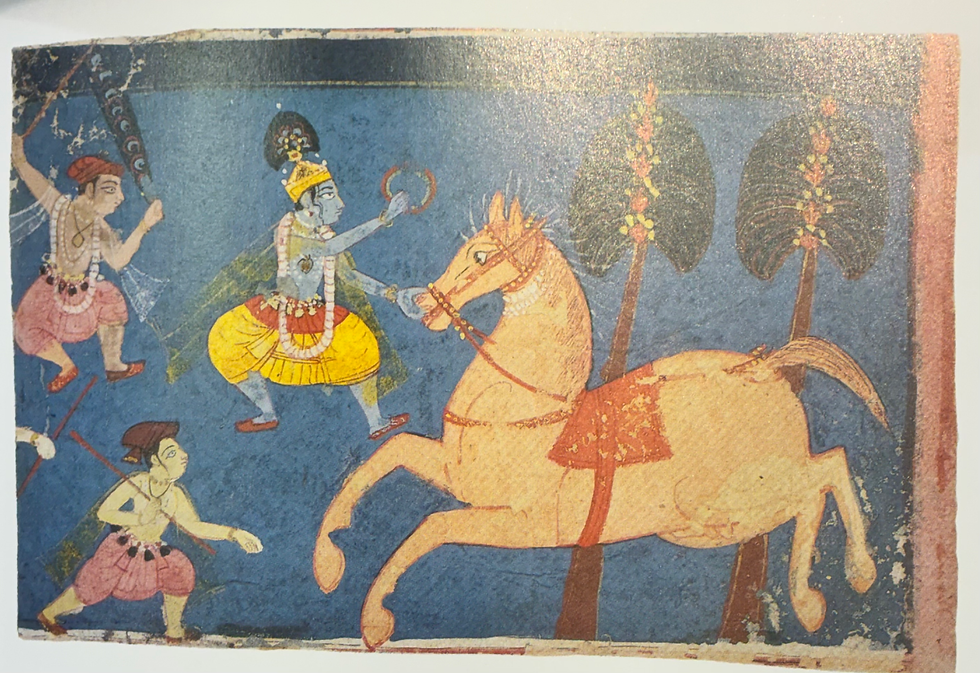 This painting depicts Lord Krishna slaying the demon horse Kesi (Kesi Vadha), an episode from the Bhagavata Purana where the fierce demon sent by Kamsa attacks Vrindavan. Ref: Virginia Museum Of Fine Arts