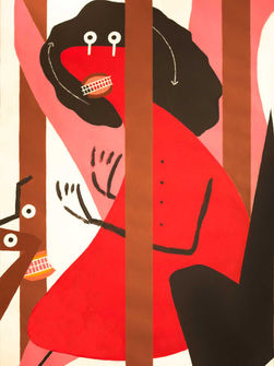 Composition figurative stylisée aux contrastes marqués rouge, brun et noir. Une silhouette féminine vêtue d’une robe rouge vive occupe le centre, partiellement dissimulée derrière des bandes verticales brunes évoquant des barreaux. Son visage noir aux yeux ronds et à la bouche dentée esquisse un sourire tendu, tandis que ses mains fines, dessinées d’un trait noir expressif, sont levées dans un geste hésitant. À gauche, une petite figure brune aux grands yeux et aux dents apparentes semble lui faire face, suggérant un échange. L’ensemble, à la fois ironique et théâtral, traduit une tension psychologique en écho au titre « Chez le psy ».
