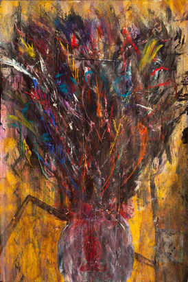 Peinture contemporaine expressive aux dominantes jaunes et sombres représentant un vase d’où jaillit une forme colorée évoquant un poisson rouge dévorant un paon, intitulée « Vilain poisson rouge dévorant un paon »