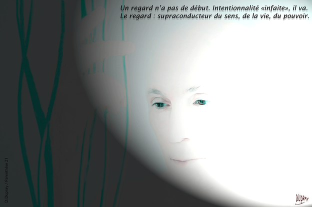 Photographie d'un visage surexposé à la lumière en noir et blanc. A gauche de cet autoportrait on distingue des rayures verticales vertes. Sur le coin supérieur droit est écrit la pensée de Dominique Dupray Un regard n'a pas de début. Intentionnalité infaite, il va. Le regard, supraconducteur du sens, de la vie, du pouvoir