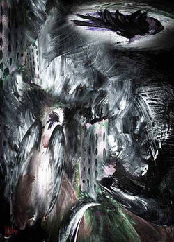 La Méprise et son dilemme - Une ombre nymbée de blanc survole un amas d'édifices sombres