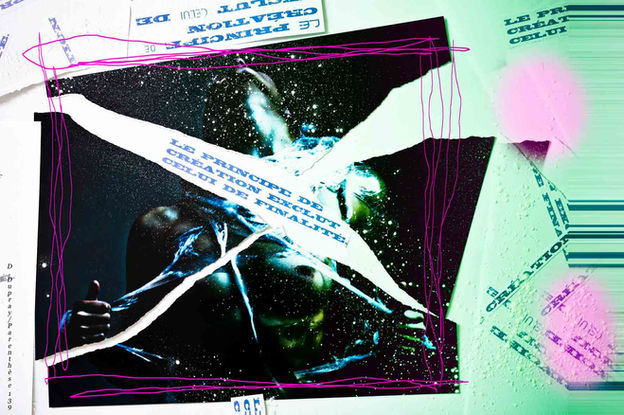 Photographie de torse féminin déchirant une enveloppe plastique tout en se courbant en arrière. Sur fond vert acide, des traits rose et des halos roses sont disséminés. Dans les déchirures on peut lire l'aphorisme de Dominique Dupray ; Le principe de création exclut celui de Finalité.