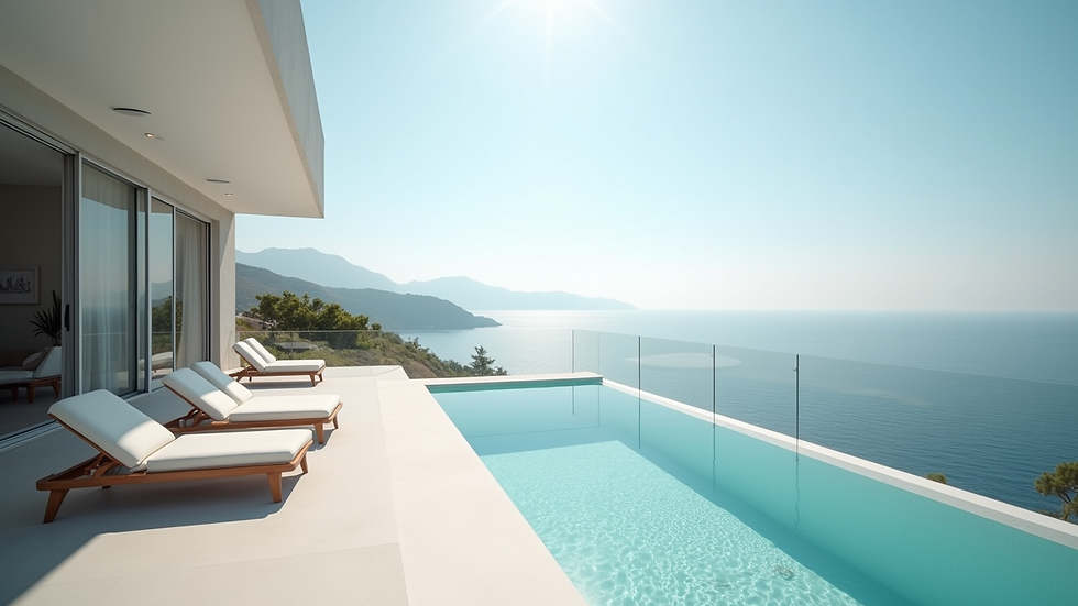 Eye-level view of a modern villa terrace with sea view