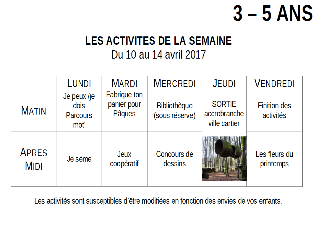 Plannings 10-14 Avril : 3-5 ans