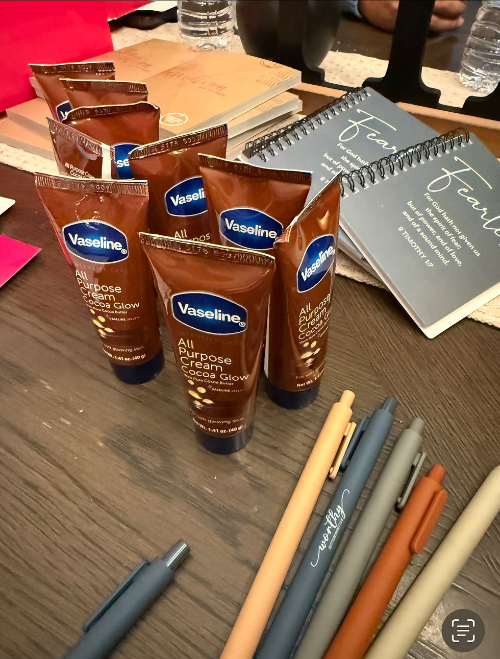 Flat lay of hygiene essentials inside a care kit