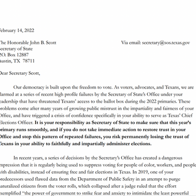 Read our letter to the Secretary of the State detailing necessary steps to make Texas voting easier.