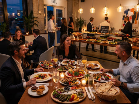Privatisation conviviale chez Tilt à Marseille : groupe d’invités partageant un repas méditerranéen dans une ambiance chaleureuse, idéal pour les soirées de thèse, pots de départ ou événements privés près de la Timone. Décoration moderne, plats gourmands et service traiteur sur mesure.