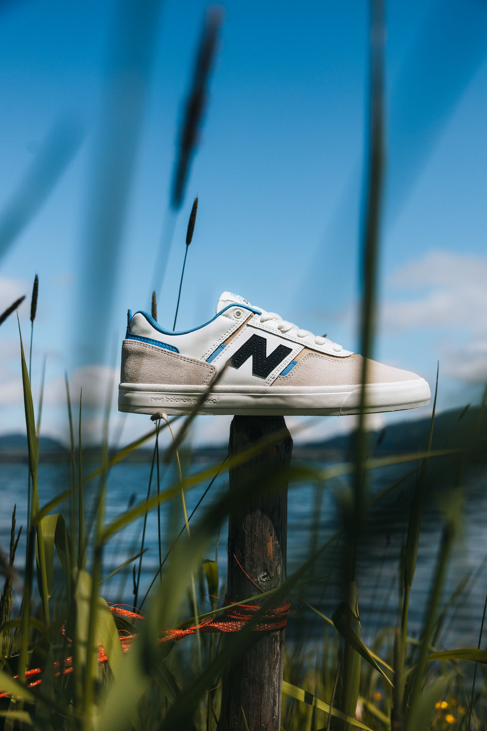 new balance shoe in front of of scenic lake
