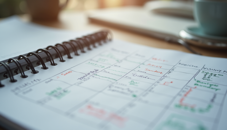 Vista a nivel de ojo de un calendario con notas y recordatorios organizados