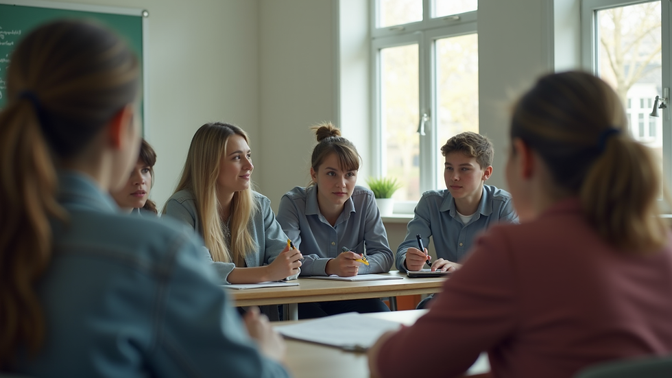Eye-level view of a classroom with students engaged in a group activity