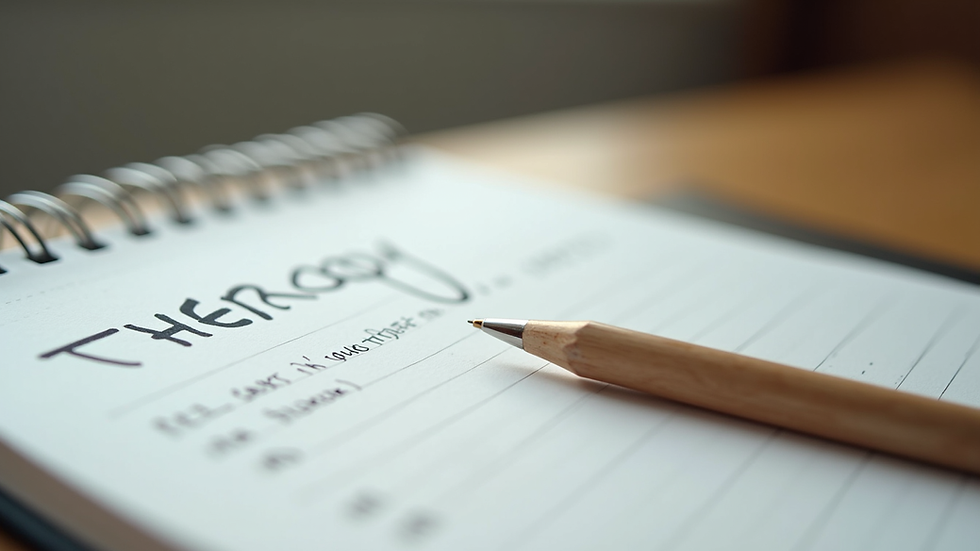 Close-up view of a notebook with therapy notes and a pen