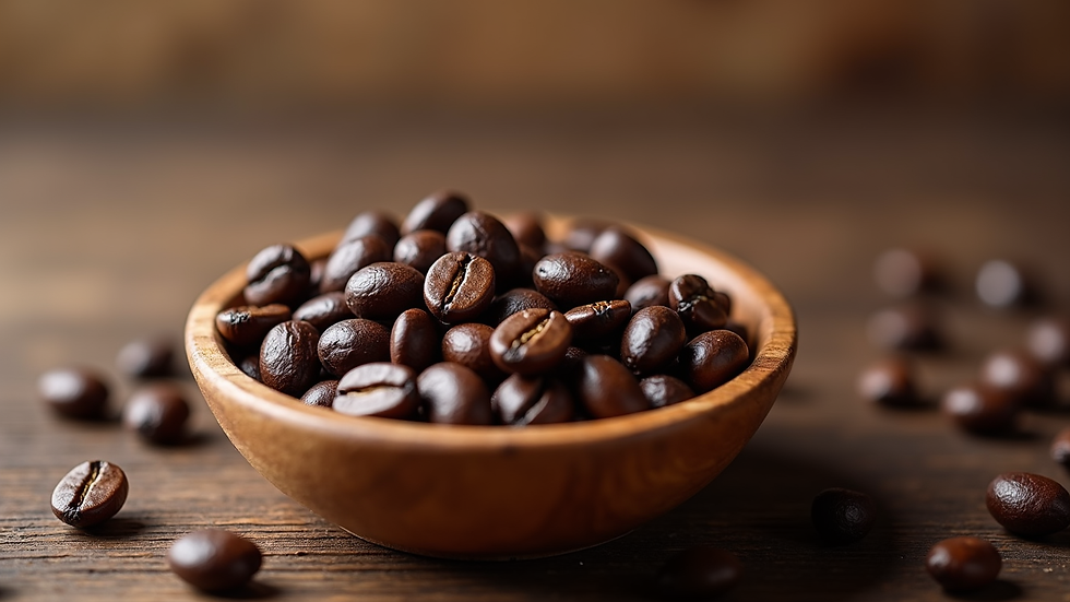 Eye-level view of roasted coffee beans in a wooden bowl