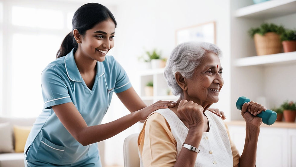 a young indian physiotherapist helping nd assisting an indian elderly person lift a small