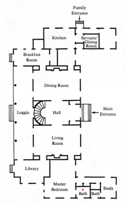The floorplan of the first floor of Clarendon Court. The red dot marks the bathroom where Sunny was found unconscious. (The Von Bulow Affair by William Wright, 1983).