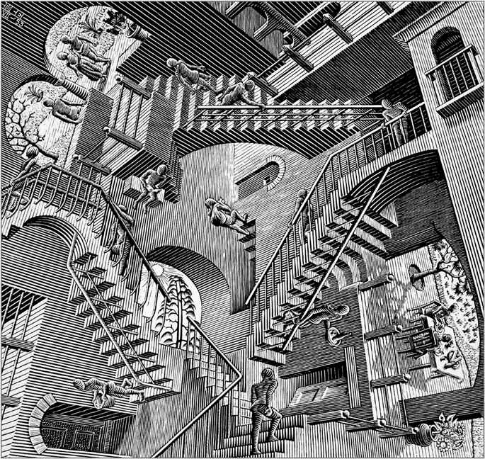 The idea of perception captured in the painting Relativity, MC Escher