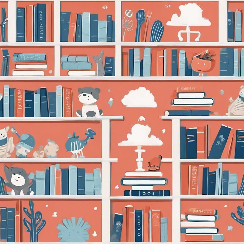 coral, blue, and white color scheme incorporating a children's library with books.jpg