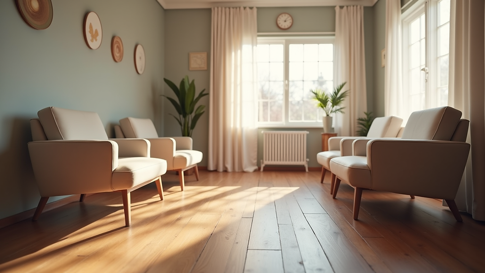 Eye-level view of therapy room with comfortable chairs and soft lighting