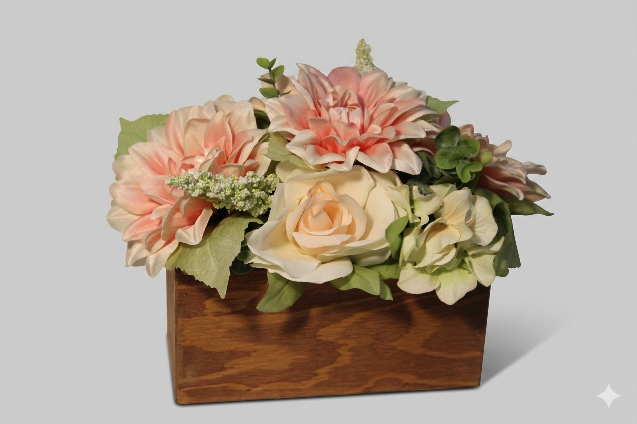 Faux Floral Arrangement in Wooden Box