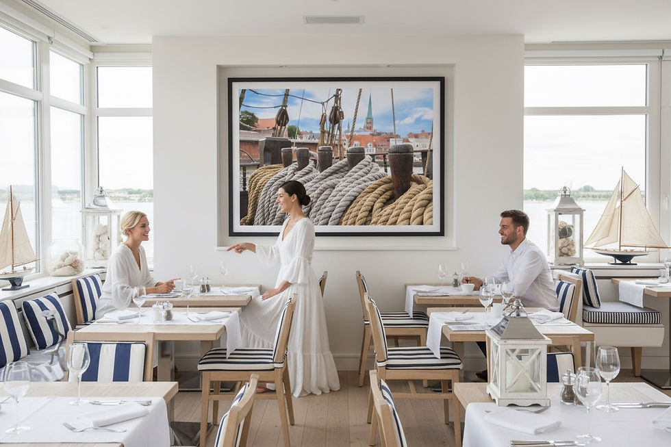 Ein helles Restaurant mit maritimen Fotomotiv als Wanddekoration