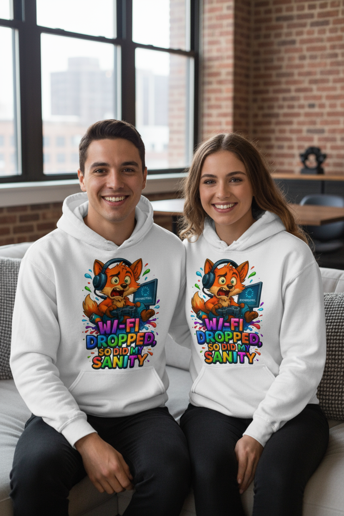 Young couple sitting on couch wearing white hoodies with colorful fox and Wi-Fi Dropped design