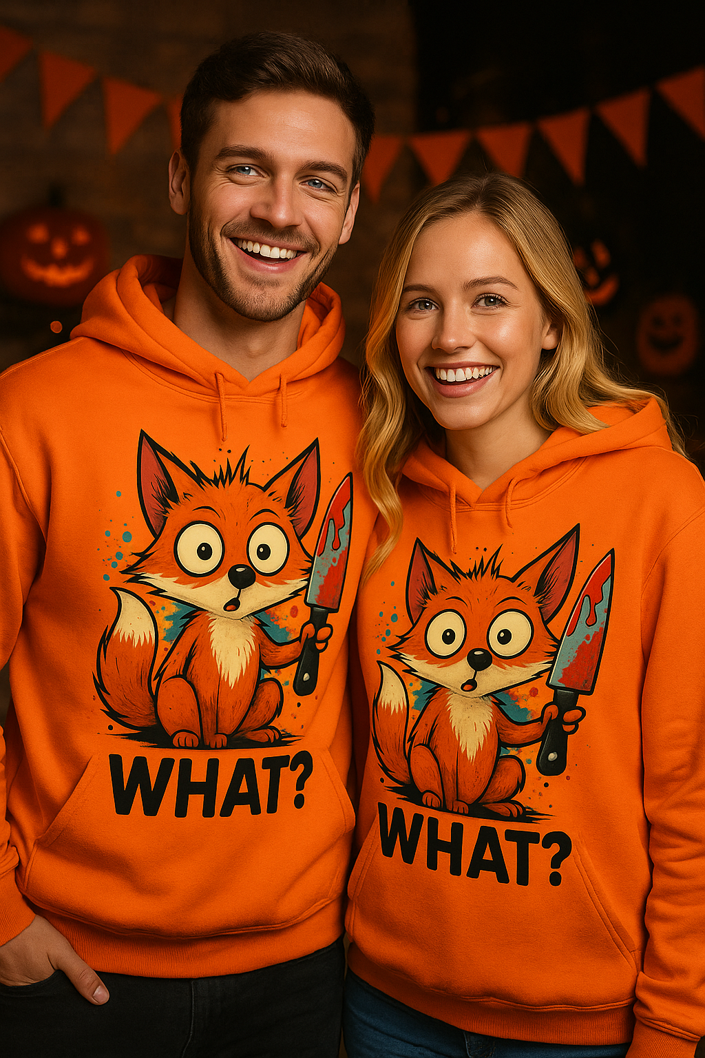 Couple wearing matching orange hoodies with surprised fox holding bloody knife and ‘What?