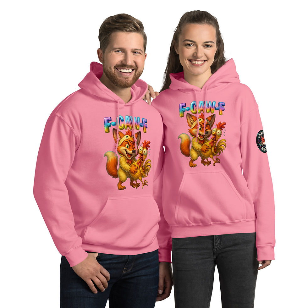 Thumbnail: Goofy LuckyFox chicken squeeze hoodie with vibrant chrome FCawF letters and animated characters