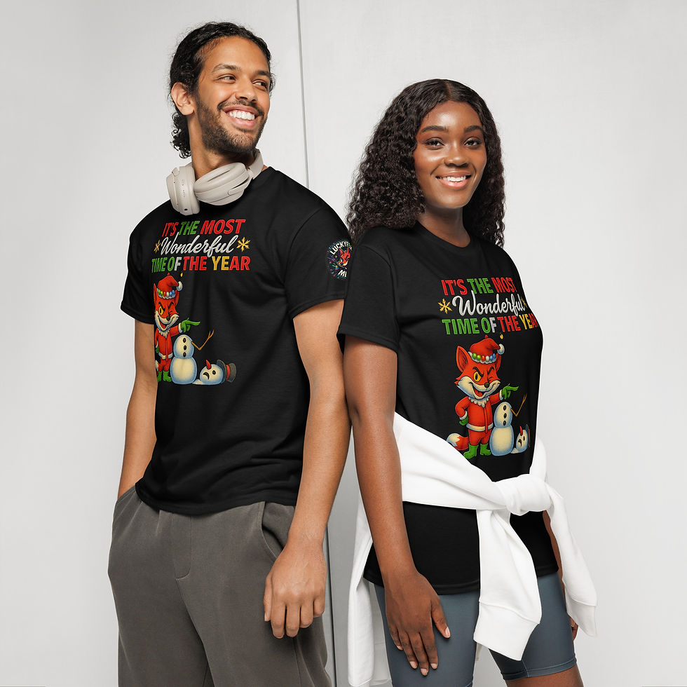 Colorful Grinchy Christmas Fox tee with LuckyFox in Santa gear, neon lettering, and a toppled snowman for holiday humor