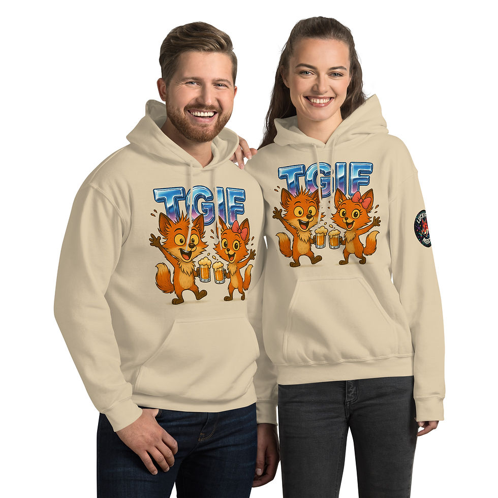 Thumbnail: Charming fox pair with beer mugs on the LuckyFox TGIF Party Hoodie topped with bold chrome TGIF text
