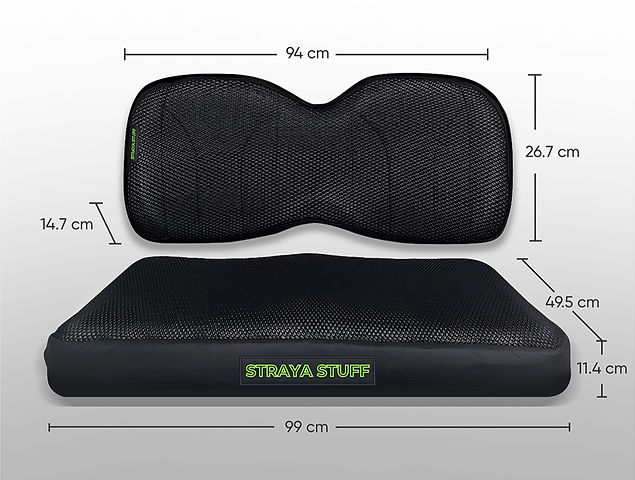 Product dimensions of Straya Stuff golf cart seat cover set, featuring a breathable black mesh design. Measurements: 99 cm