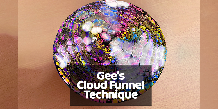 a colorful painting with the words gee 's cloud funnel technique below it