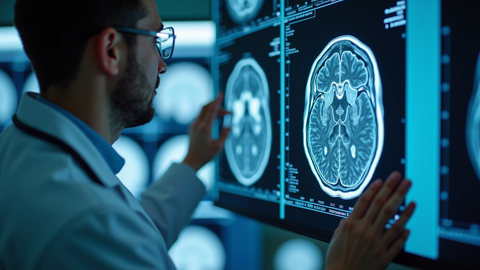 Close-up view of a medical professional reviewing brain scan images