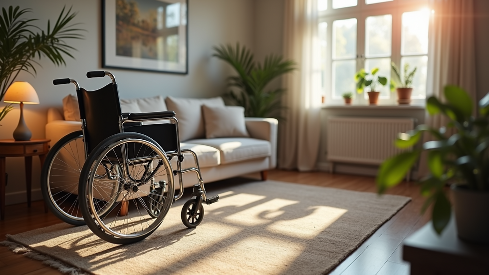 High angle view of a cozy living room with a wheelchair and assistive devices