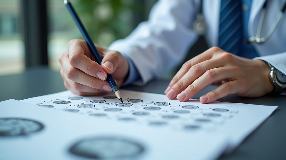 Eye-level view of a clinician administering a cognitive test with paper and pencil